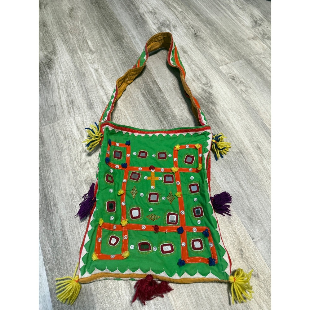 Boho Mirror Embellished Shoulder Bag‎ Green Tassels Handcrafted Bohemian